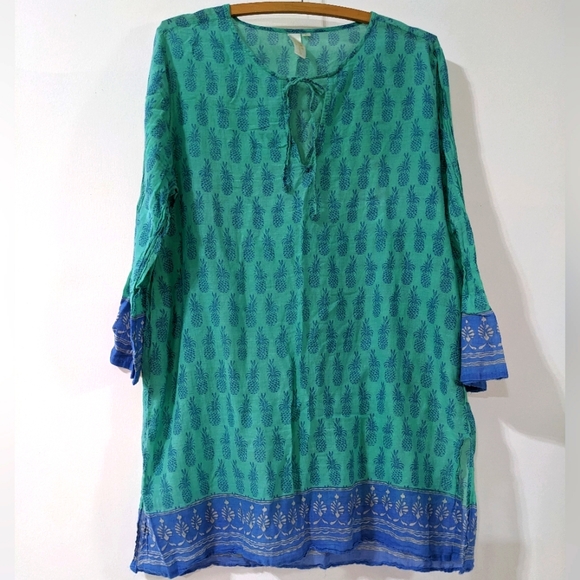 👒 FLORA Pineapple Aqua Cotton Tunic Size L - Picture 2 of 6